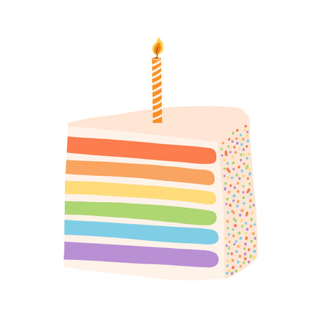 Hand drawn rainbow birthday cake with candle in cartoon flat style. Vector illustration of sweet...