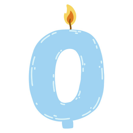 Candle number zero in flat style. Hand drawn vector illustration of 0 symbol burning candle, design element for birthday cakesのイラスト素材