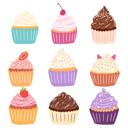 Hand drawn delicious cupcakes in cartoon style. Vector illustration of sweets, dessert, pastries.のイラスト素材