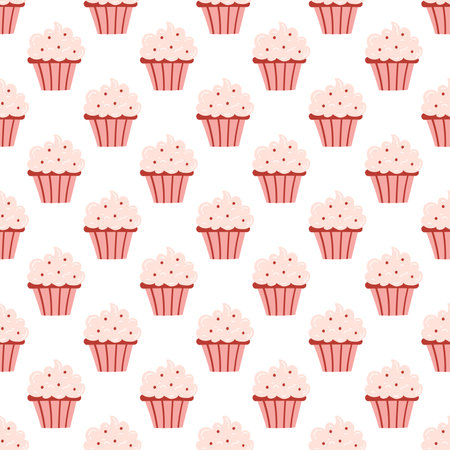Seamless pattern with delicious cupcakes in cartoon style. Vector background with sweets, dessert, pastries on white background.のイラスト素材