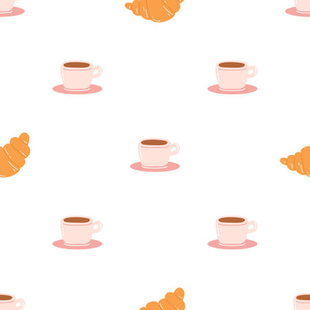 Seamless pattern with coffee mug and croissant on white background. Flat vector texture for wrapping paper, textile, web design.のイラスト素材