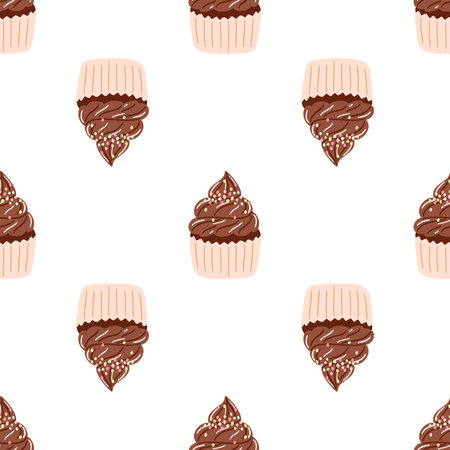 Seamless pattern with delicious chocolate cupcake in cartoon style. Vector background with sweets, dessert, pastries.のイラスト素材