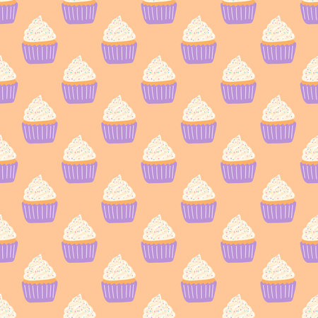 Seamless pattern with delicious cupcake in cartoon style. Vector background with sweets, dessert, pastries.のイラスト素材