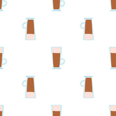 Seamless pattern with latte coffee in glass. Flat vector background of hot drink icon, cappuccino, chocolate.のイラスト素材