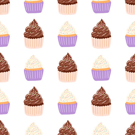 Seamless pattern with delicious cupcake in cartoon style. Vector background with sweets, dessert, pastriesのイラスト素材