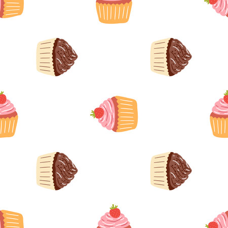 Seamless pattern with delicious cupcake in cartoon style. Vector background with sweets, dessert, pastries.のイラスト素材
