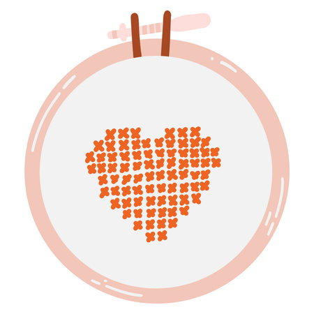 Hoop with heart embroidered with a cross stich. Hand drawn illustration of hobby, needlework, satin and cross stitch.のイラスト素材