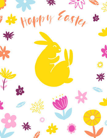 Happy Easter graphic greeting card. Hand drawn colorful plants and bunny in modern minimalist style.のイラスト素材