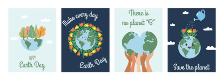 Happy Earth Day. Concept of caring for nature, environmental problems and environmental protection. Set of vector illustrations for International Mother Earth Day.のイラスト素材