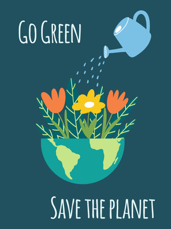 Concept of go green, Earth Day, Save the planet. Vector illustration of Earth with flowers and watering can for social poster, banner, card.のイラスト素材