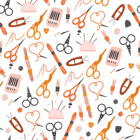 Seamless pattern with tools for embroidery, sewing, needlework. Hand drawn flat vector background with scissors, pincushion, floss, bobbins, needles.のイラスト素材