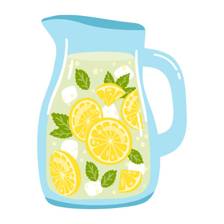 Hand drawn jar with lemonade and mint. Vector illustration of fresh summer drink, tasty health beverage, refreshing citrus drinkのイラスト素材