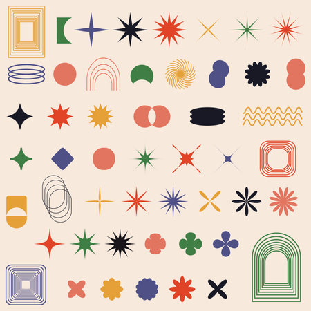 Swiss bauhaus y2k brutalist elements. Abstract geometric shapes, contemporary flower, star figures. Vector memphis design, primitive element setのイラスト素材