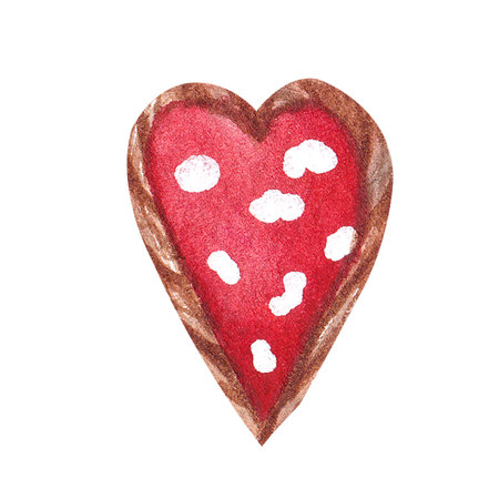 Watercolor heart with white dots and wooden frame. Cute hand drawn illustration isolated on white backgroundの写真素材
