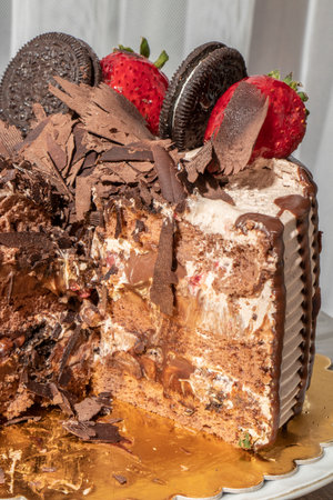 close-up strawberry chocolate cream cake