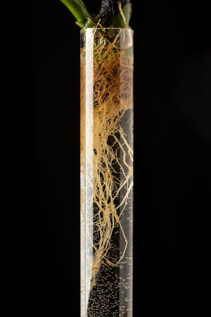 Bamboo tree and root with green leaf in glass test tube filled with water on black ground close-up
