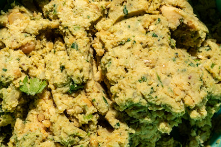 food preparation mix kneaded frozen falafel on plate top view