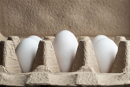 close-up organic white chicken Eggs rare extra long in carton package