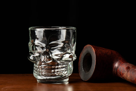 close-up black background high alcohol whiskey filled Transparent glass decanter carafe skull shot glass alcohol setの写真素材