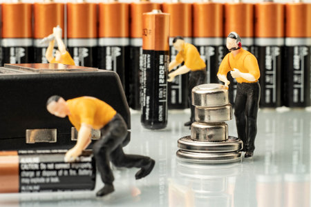 close-up miniature worker men energy concept with battery and accessories