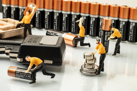 close-up miniature worker men energy concept with battery and accessoriesの写真素材