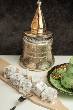 Close-up double roasted traditional delicious sweet treat turkish delight with hazelnutsの写真素材