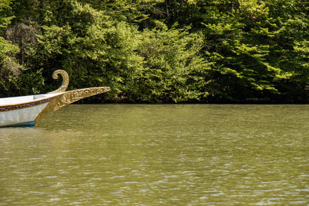 An ideal area for a gondola and footpath tour within a hidden lake in the touristic city of Istanbul, Türkiye, within a forested area.の写真素材