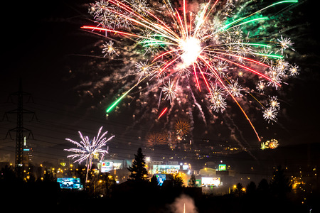 Happy new year fireworks over Bratislava, 1.1.2017, in spite of fireworks was been prohibitedのeditorial素材