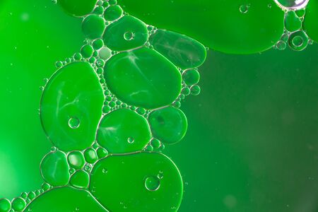 Green background with plastic oil bubbles on water surface with smoke patternの写真素材