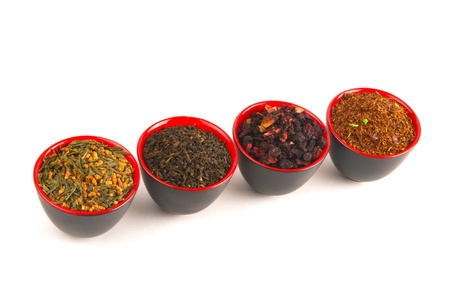 Different types of tea on white background.の写真素材