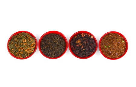 Different types of tea on white background.の写真素材