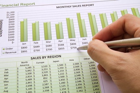 A closeup of a annual financial chart with pie and table graphs.の写真素材