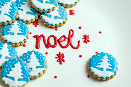 French Text Noel, Christmas theme background with gingerbread cookies on white background
