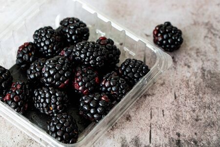 Store-bought blackberries in clear plastic clamshellの写真素材