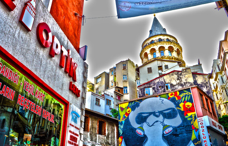 old tower with panda drawing in front with High dynamic range modeのeditorial素材