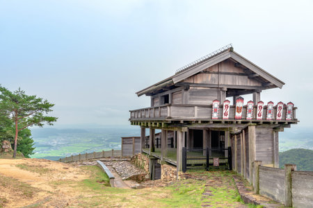 Ancient mountaintop castle of the Kino-jo castle in Okayama, Japanのeditorial素材