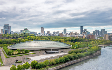 Osaka castle park and cityscape of the Osaka city, Japanのeditorial素材
