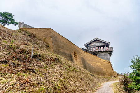 Ancient mountaintop castle of the Kino-jo castle in Okayama, Japanのeditorial素材