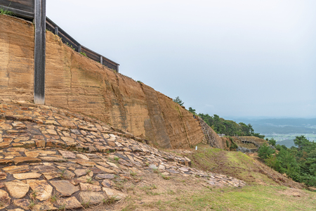 Ancient mountaintop castle of the Kino-jo castle in Okayama, Japanのeditorial素材