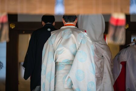 Scenery of the Shinto style wedding ceremony in Japanの写真素材