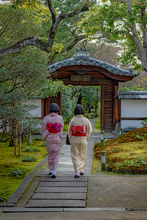 Beautiful back figure of the kimono woman in Entokuin templeのeditorial素材