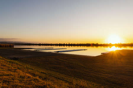 Lakeside evening landscape in Japanの写真素材