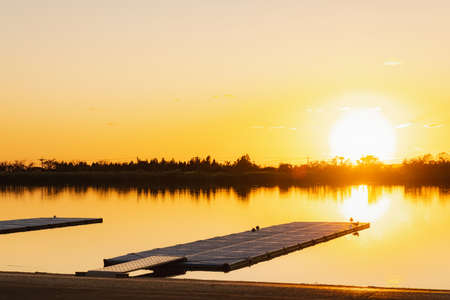 Lakeside evening landscape in Japanの写真素材
