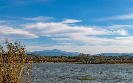 Lakeside scenery of the Kibagata lagoon in Autumnの写真素材