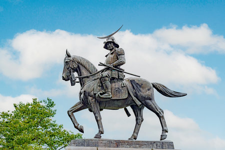 Statue of samurai cavalier in Sendai castleのeditorial素材