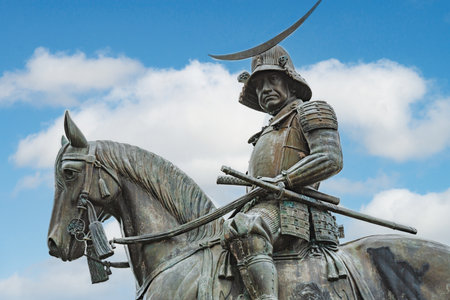 Statue of samurai cavalier in Sendai castleのeditorial素材