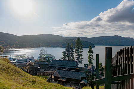 Scenery of Hakone Barrier and Lake Ashinoko in Hakone, Japanの写真素材