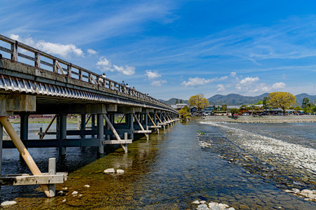 Togetsukyo bridge over Katsura river. Togetsukyo Bridge provides a panoramic view of Arashiyamaのeditorial素材