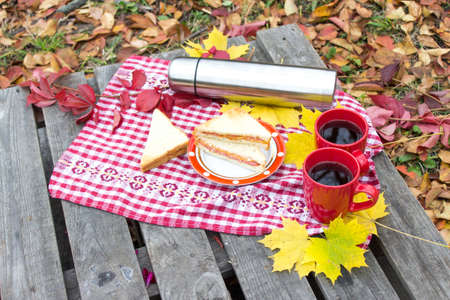 Autumn picnic, red cup with a flask and sandwiches on a wooden table. Lunch for loversの写真素材