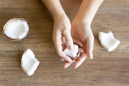 Coconut cream hand care, natural cosmetics. Seasonal hand care. Hand Moisturizer, Beauty and spa conceptの写真素材